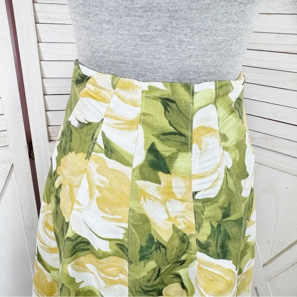 Premise Floral Roses Linen Blend A Line Flare Midi Skirt Lime Green Yellow 4‎